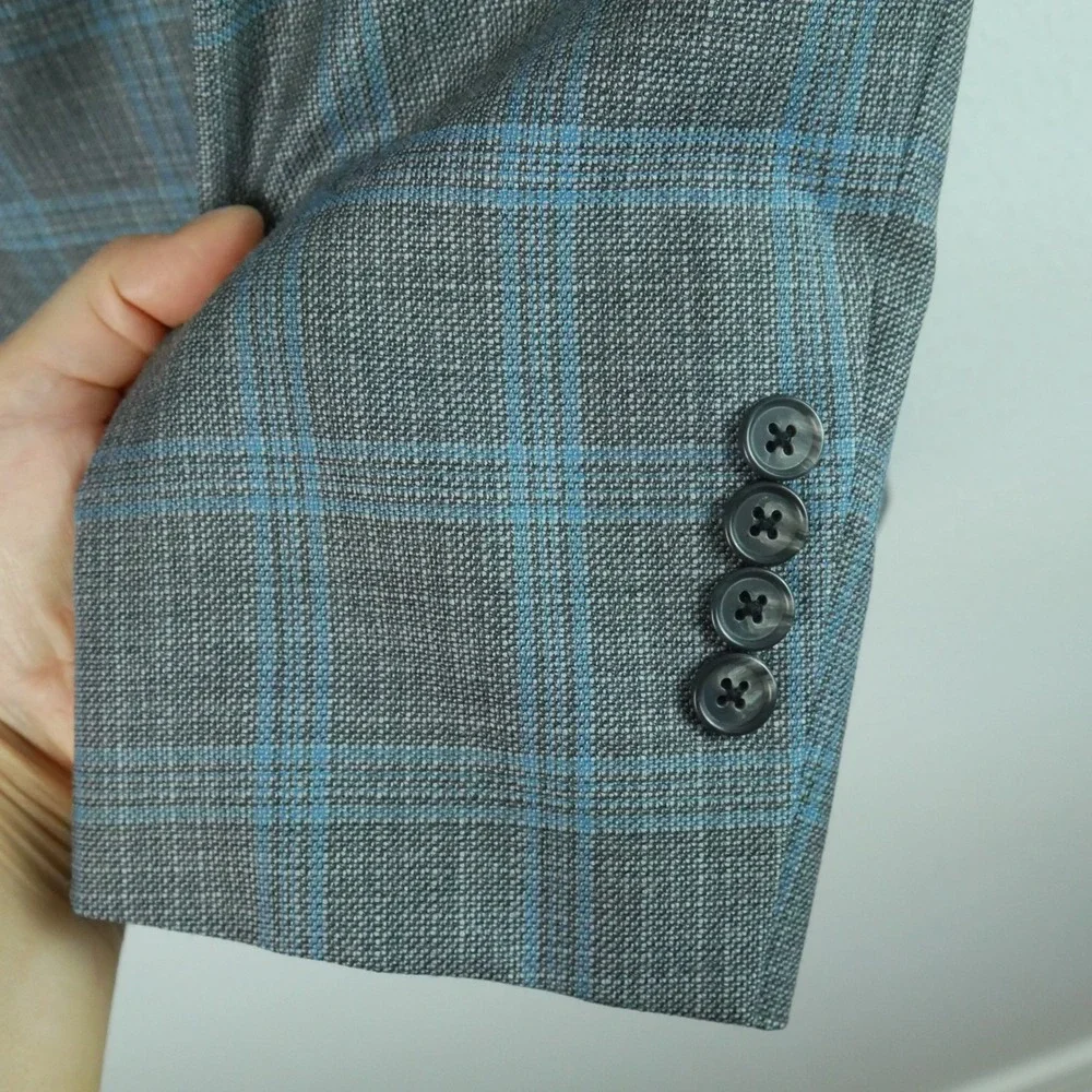 Brooks Brothers Regent Reda Wool Plaid Sport Coat Blazer Grey Blue 44R Jacket